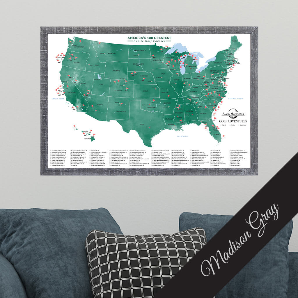 Top 100 Public Courses Canvas Golf Push Pin Travel Map in Premium Madison Gray Frame