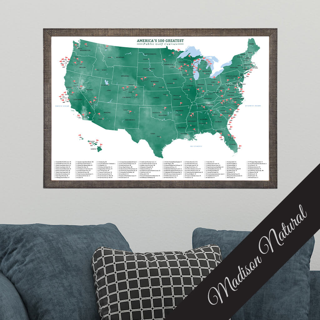 Canvas Top 100 Public Golf Courses Push Pin Travel Map in Premium Madison Natural Brown Frame