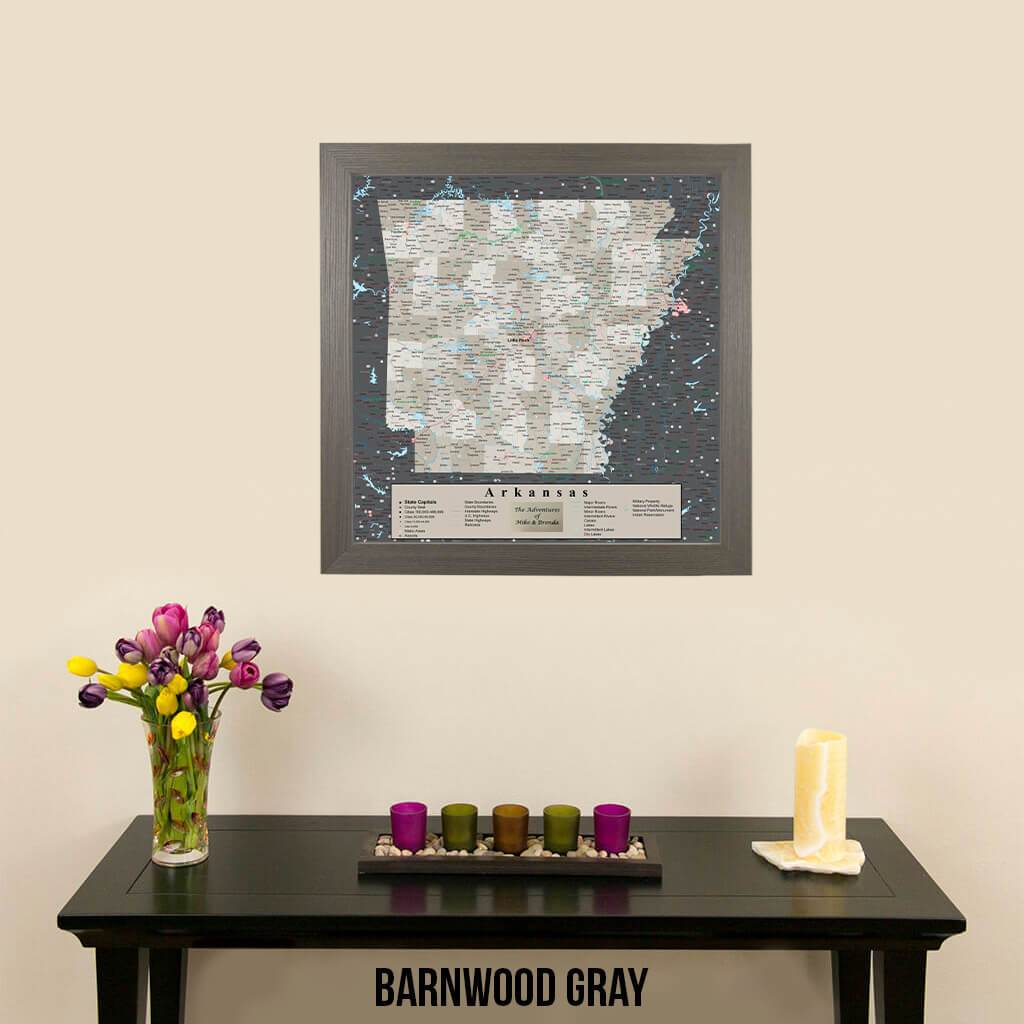 Pin Map of Arkansas in Barnwood Gray Frame