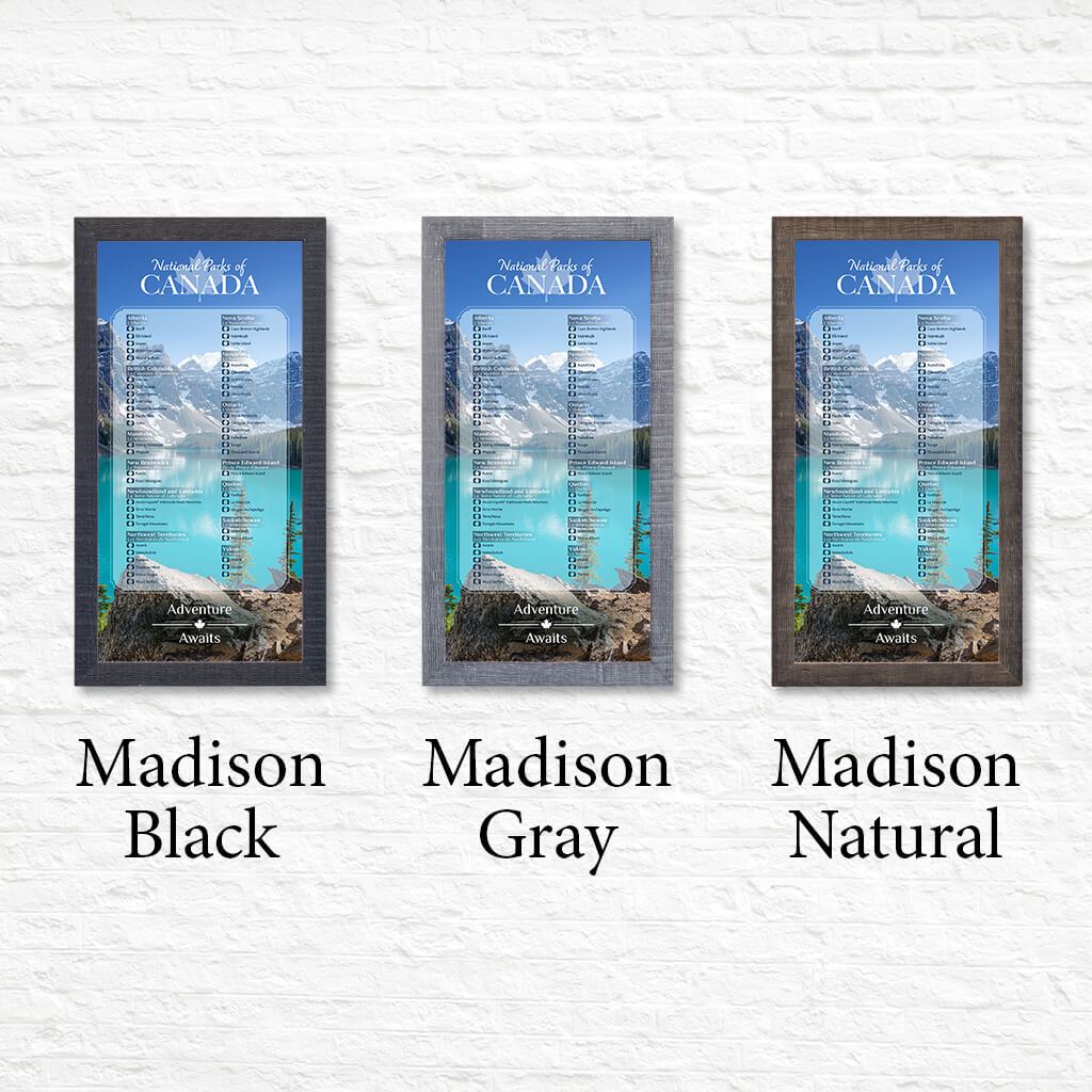 National Parks of Canada Bucket List Tracker Shown in Premium Madison Frames