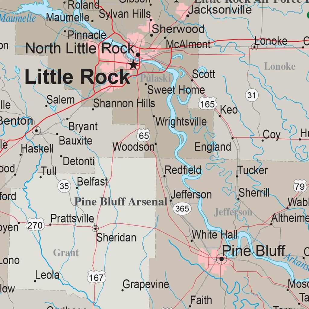 Arkansas State Map with pins close up