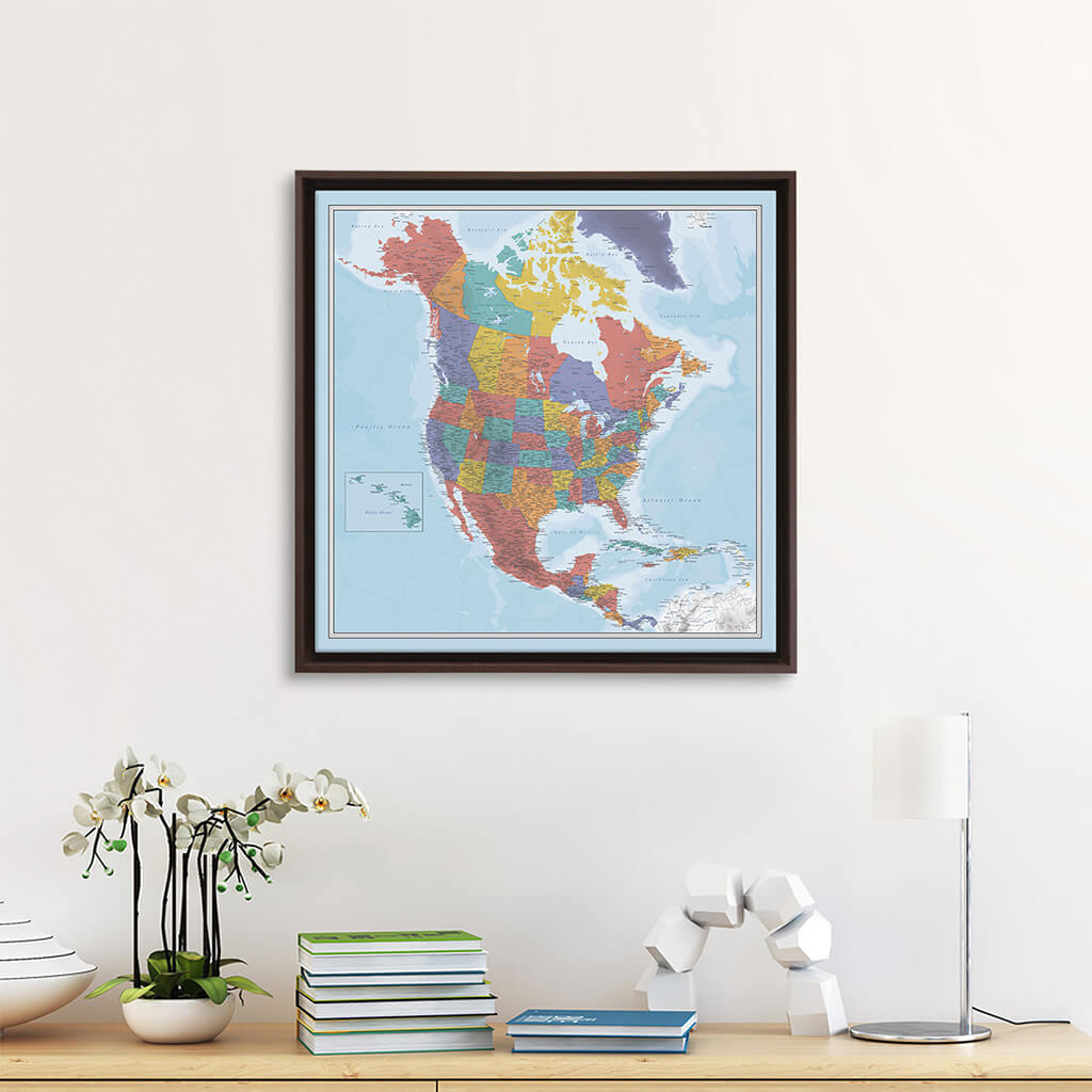 Gallery Wrapped 24"x24" Blue Oceans North America Map in Brown Float Frame