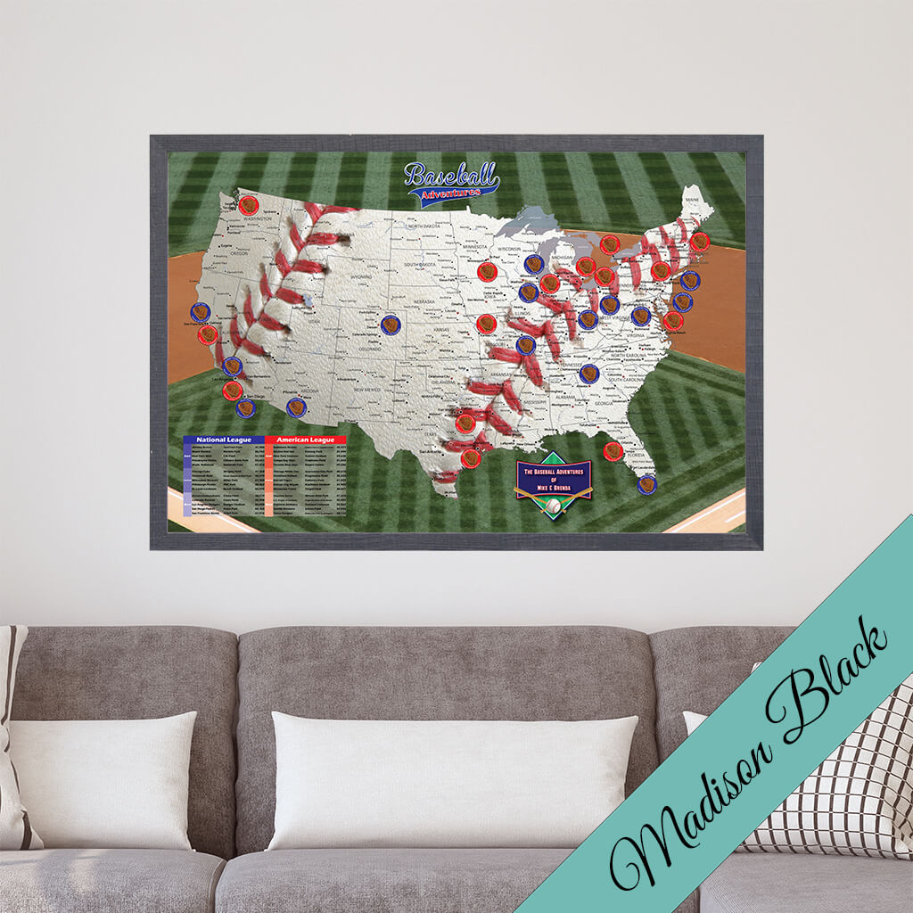 Baseball Adventures Pin Map on Canvas -Premium Madison Black Frame