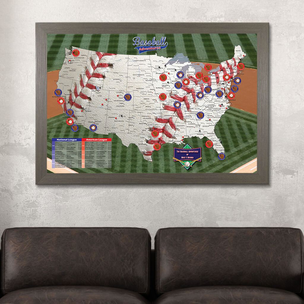 Baseball Adventures Pin Map on Canvas in Barnwood Gray Frame
