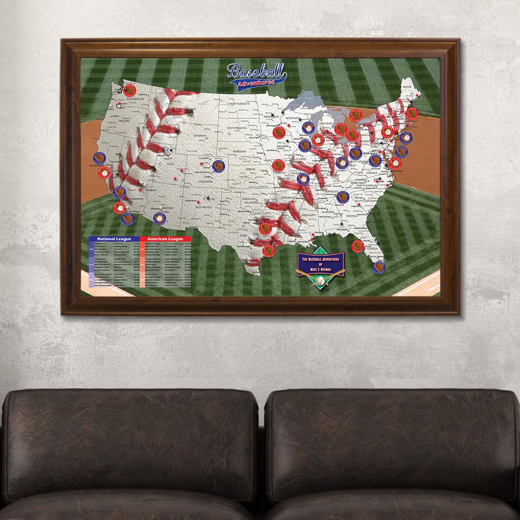 Baseball Adventures Pin Map on Canvas in Brown Frame