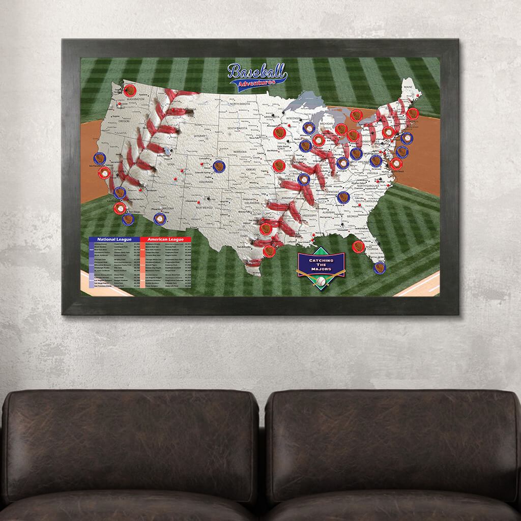Baseball Adventures Pin Map on Canvas in Rustic Black Frame