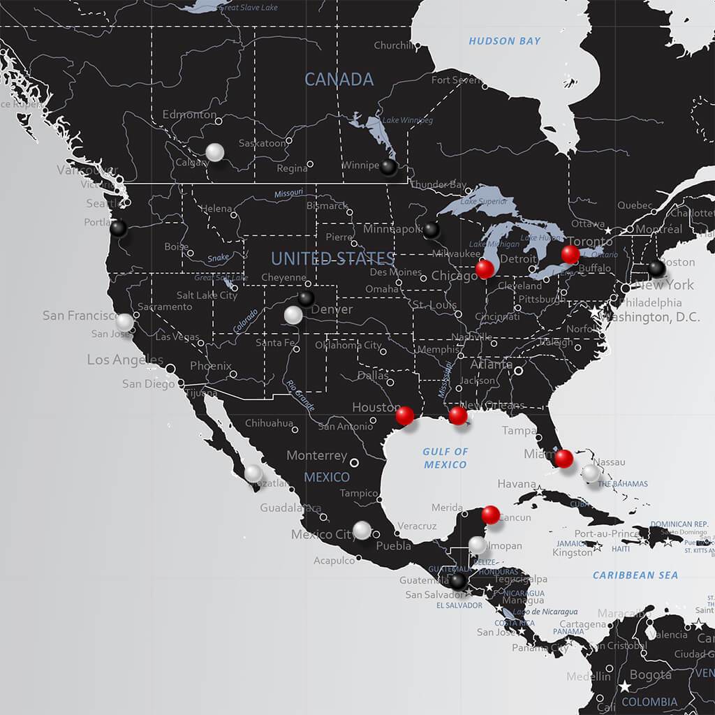 Closeup of USA on Black Ice World Map