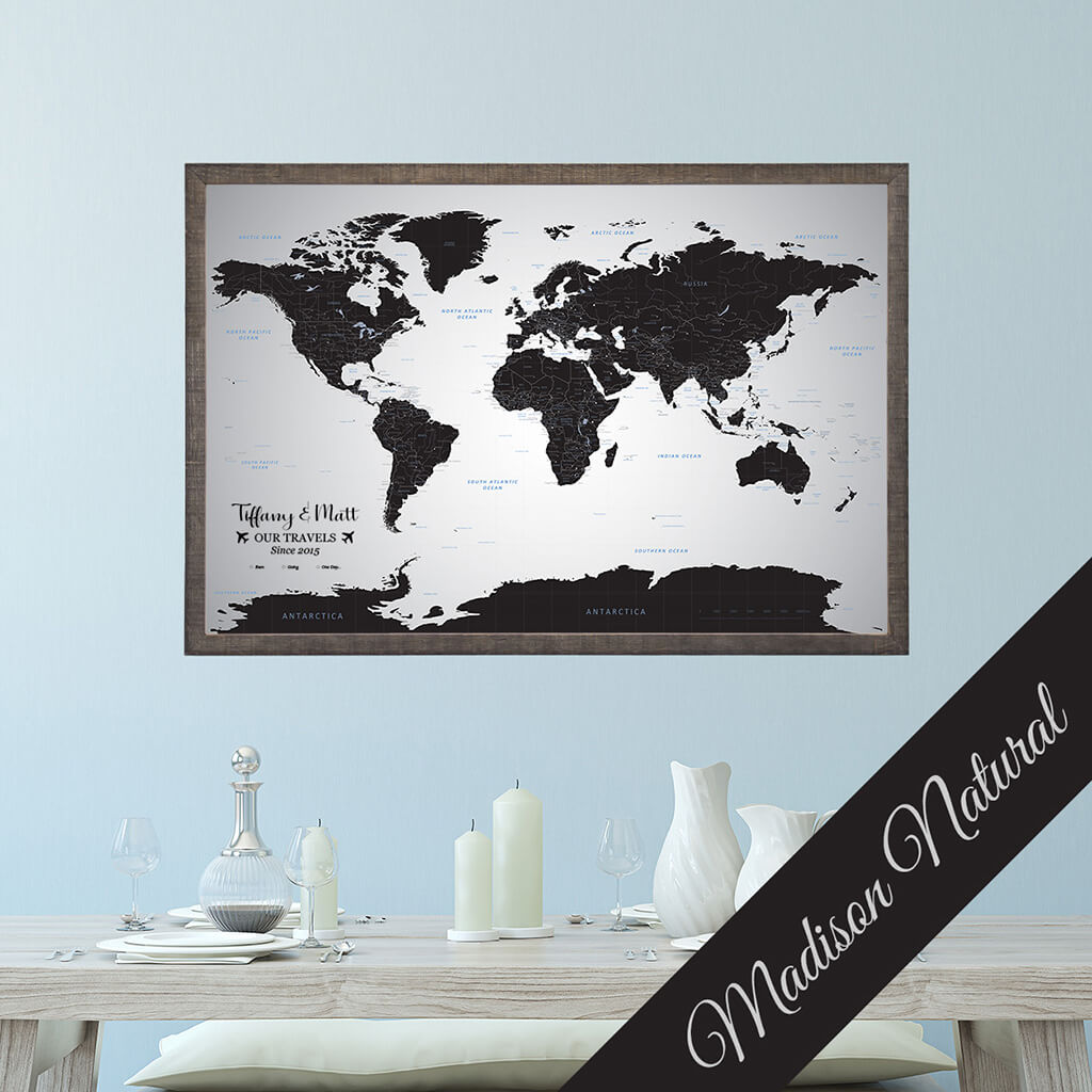 Canvas Black Ice World Map in Premium Madison Natural Brown Frame