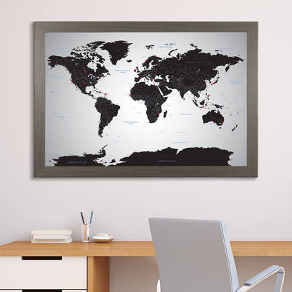 Canvas Black Ice World Map with Pins in Barnwood Gray  Frame