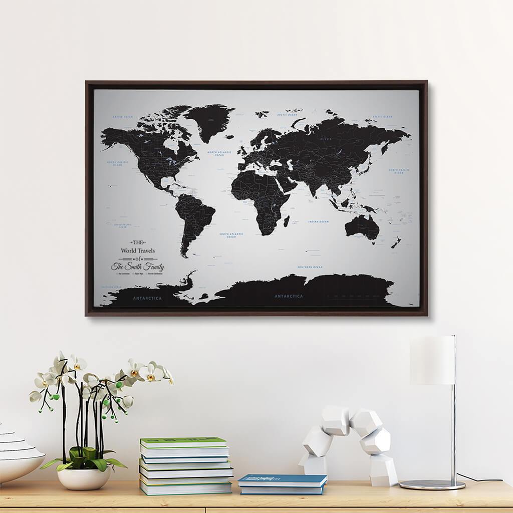 Brown Float Frame - 24x36 Gallery Wrapped Canvas Black Ice World Map