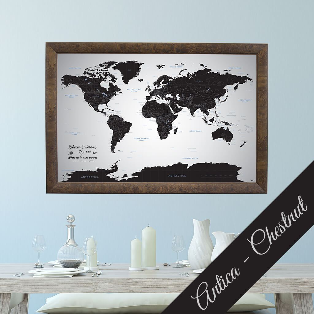 Canvas Black Ice World Map in Premium Brimfield Antica Chestnut Frame