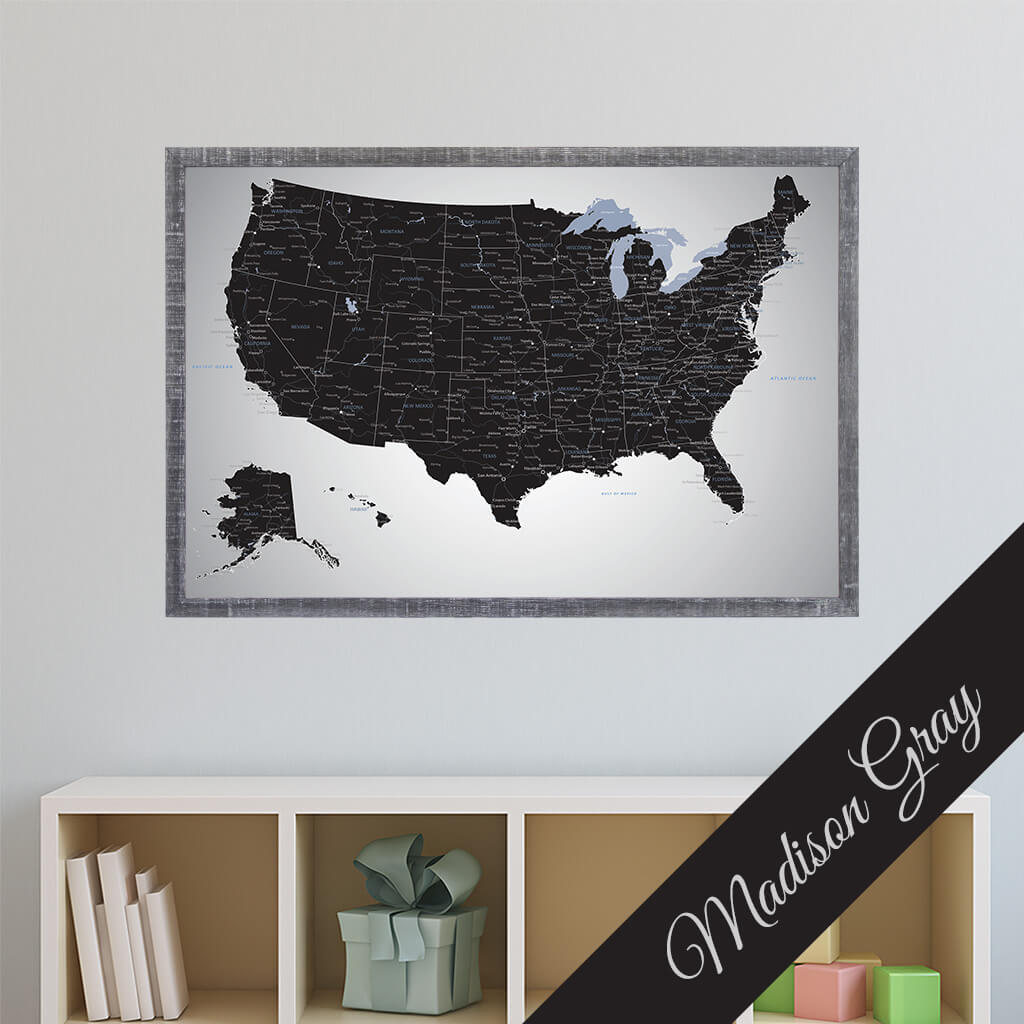 Black Ice USA Canvas Push Pin Map Premium Madison Gray Frame