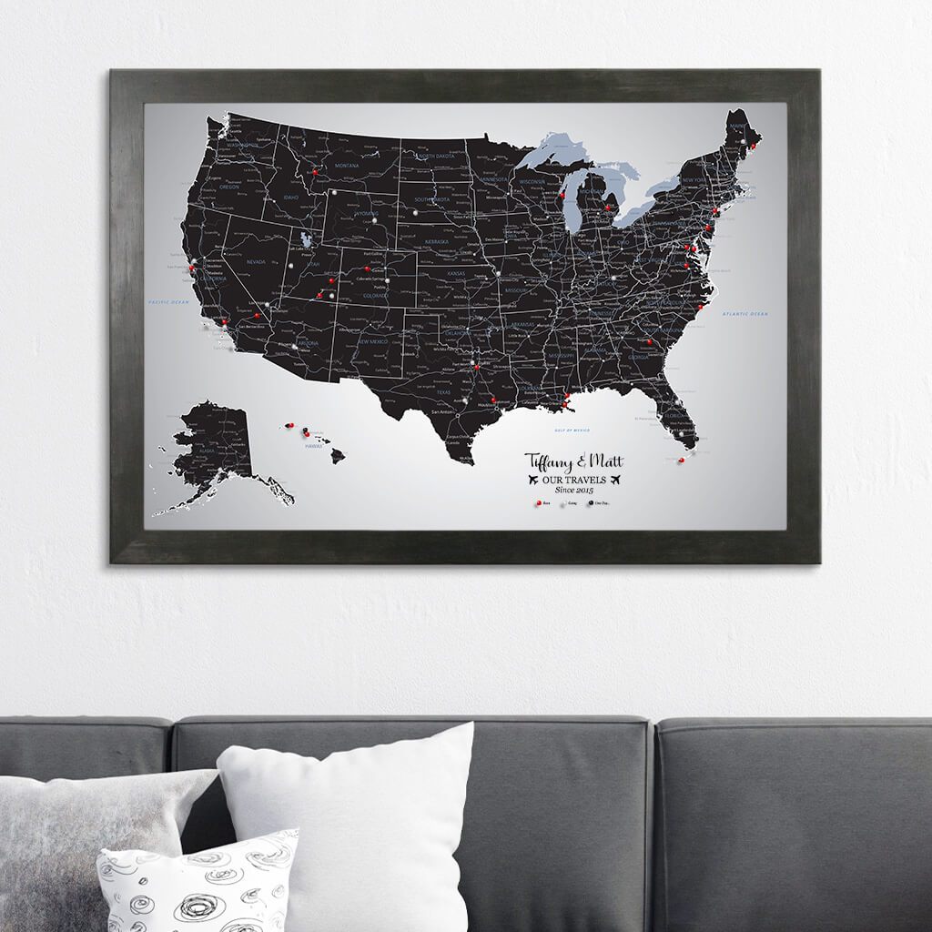 Black Ice USA Canvas Push Pin Map in Rustic Black Frame