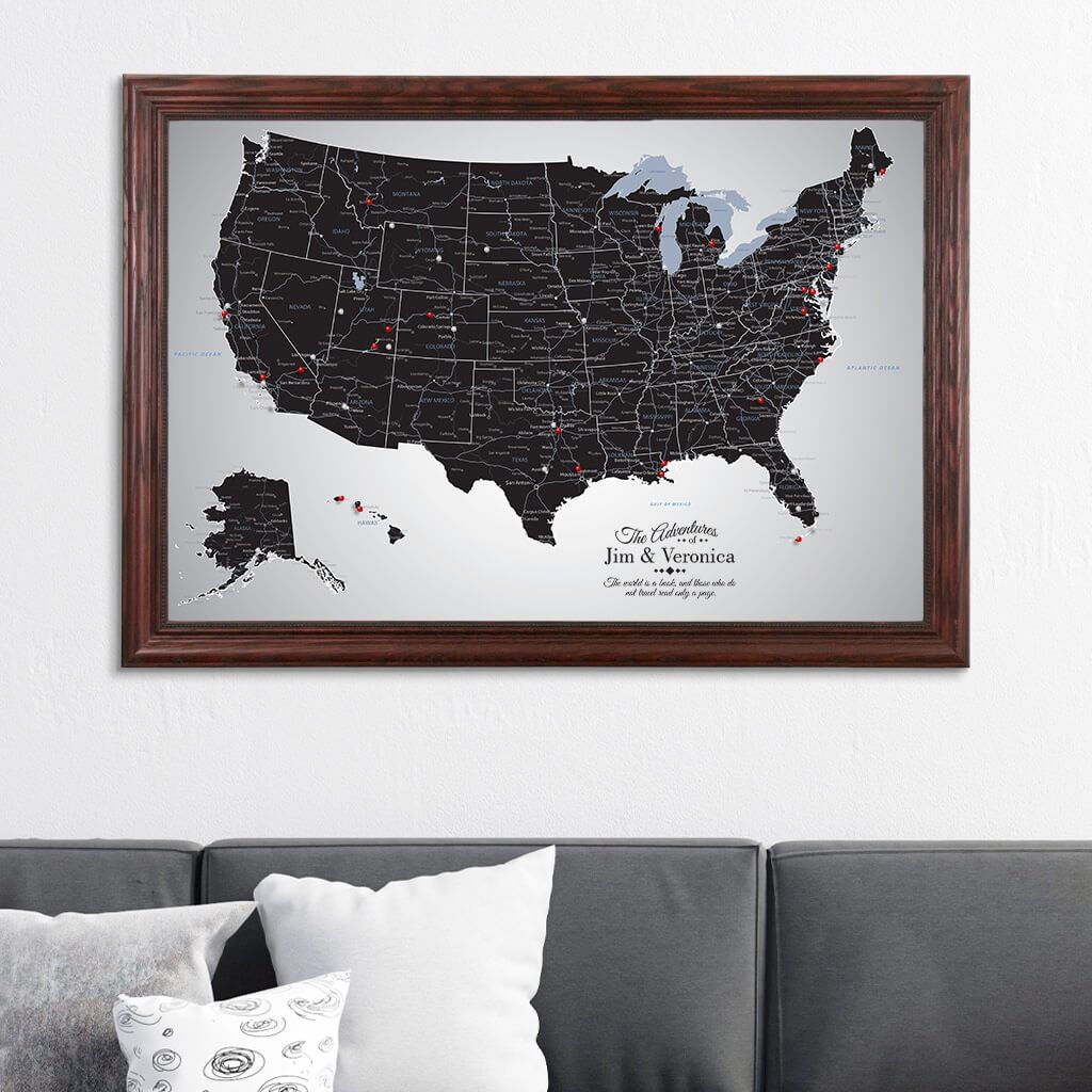 Black Ice USA Canvas Push Pin Map in Solid Wood Cherry Frame