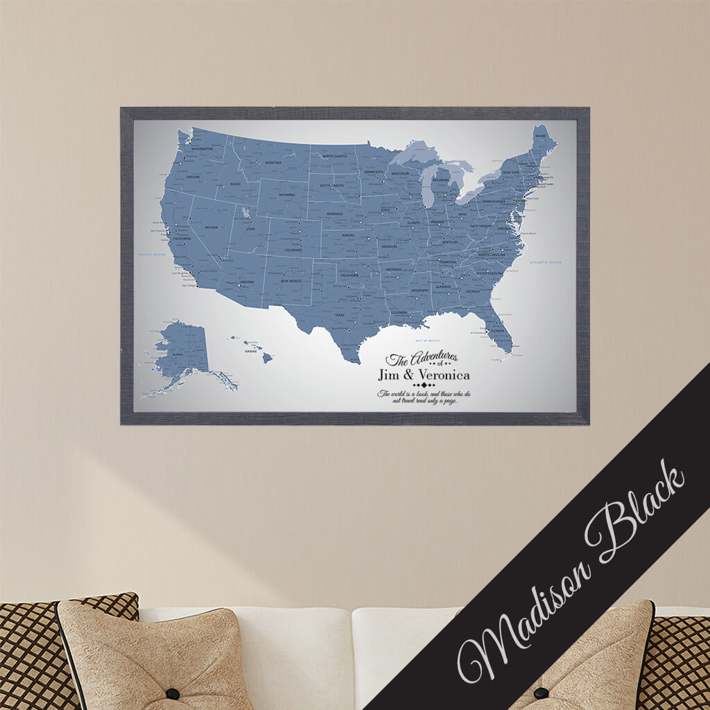 Framed Canvas Blue Ice US Travel Map in Premium Madison Black Frame