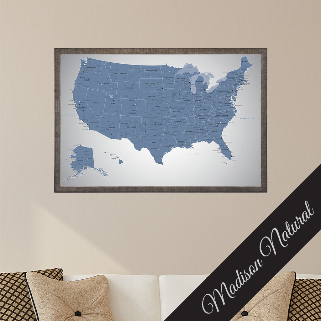 Framed Canvas Blue Ice US Travel Map in Premium Madison Natural Brown Frame