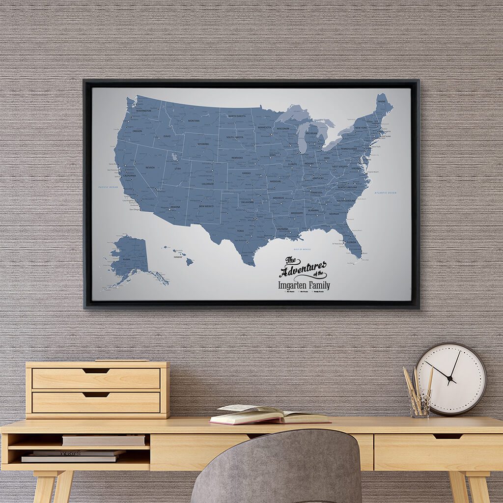 Black Float Frame - 24x36 Gallery Wrapped Canvas Blue Ice USA Map