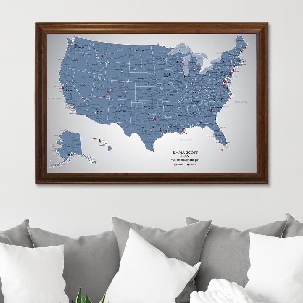 Framed Canvas Blue Ice US Travelers Map with Pins in Brown Frame