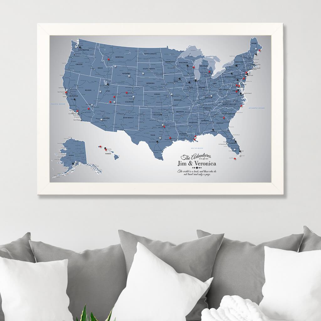 Framed Canvas Blue Ice US Travelers Map with Pins in Textured White Frame