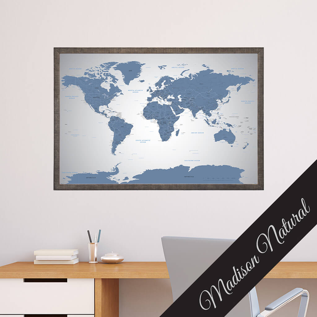 Blue Ice Canvas map in Premium Madison Natural Brown Frame