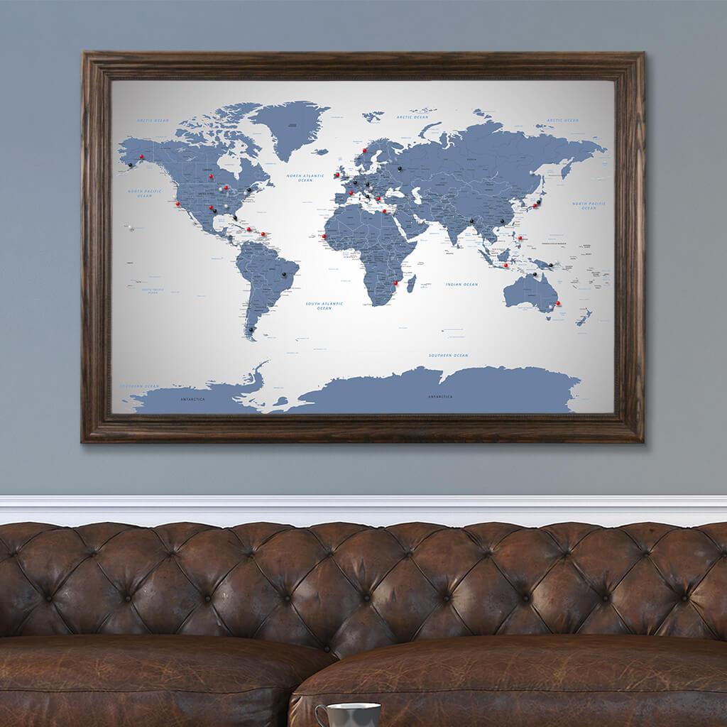 Canvas Blue Ice World Travel Map in Solid Wood Brown Frame