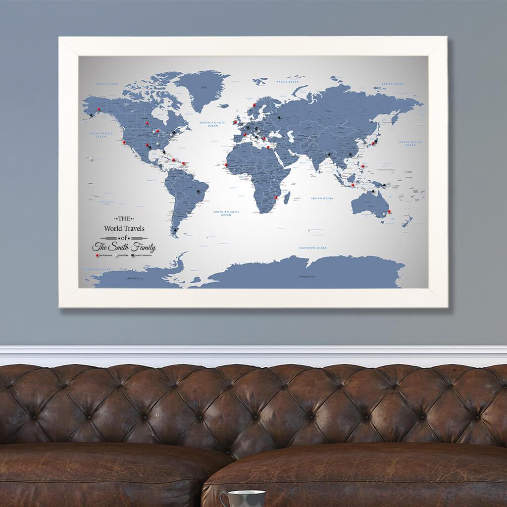 Canvas Push Pin World Map Blue Ice World Map in Textured White Frame