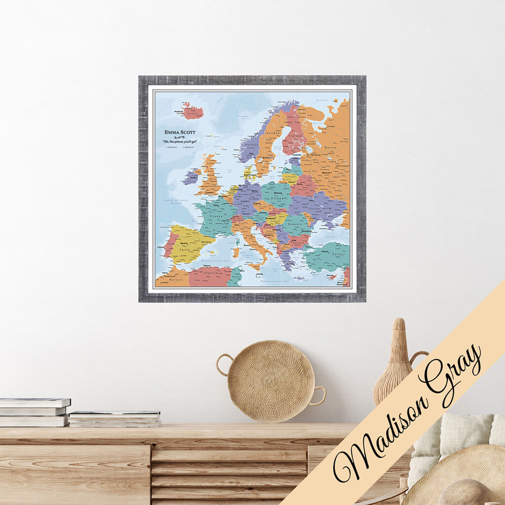 Canvas Blue Oceans Europe Travel Map - Premium Madison Gray Frame