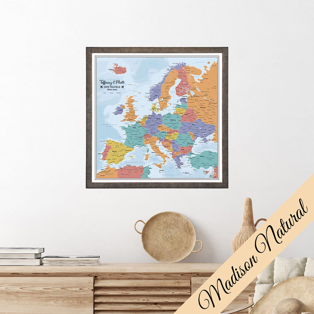 Canvas Blue Oceans Europe Travel Map - Premium Natural Brown Frame