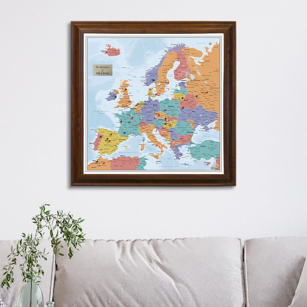 Blue Oceans Europe Travel Map in Brown Frame