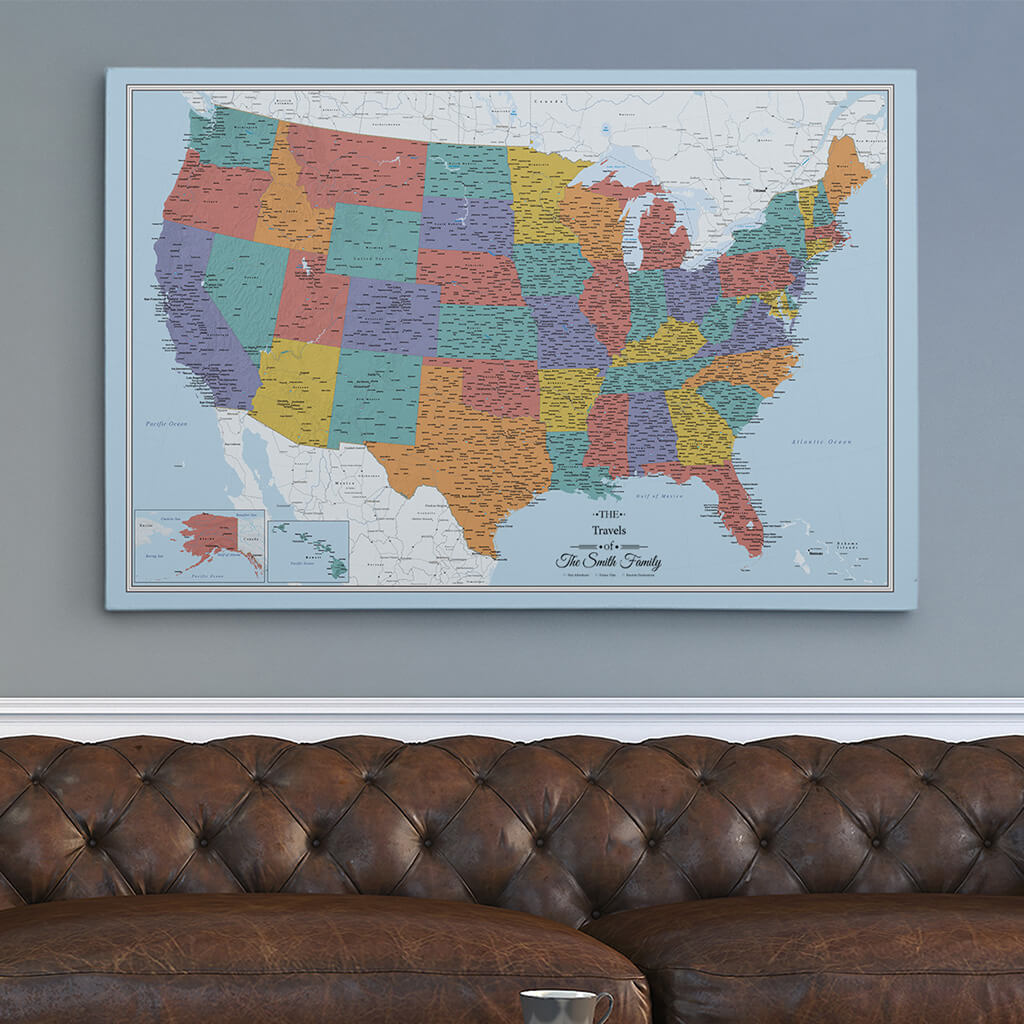 30x45 Gallery Wrapped Blue Oceans USA Map