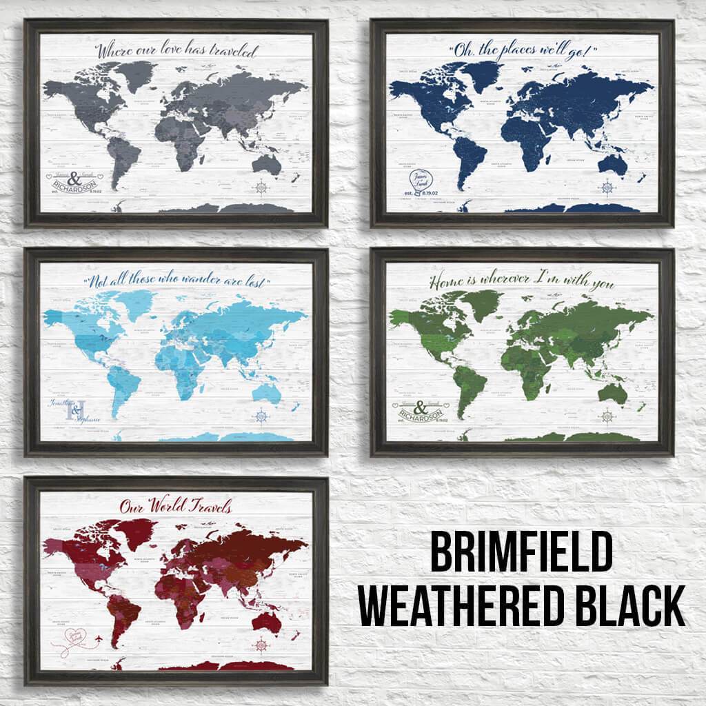 Canvas Anniversary World Map Color Options in Premium Brimfield Weathered Black Frame