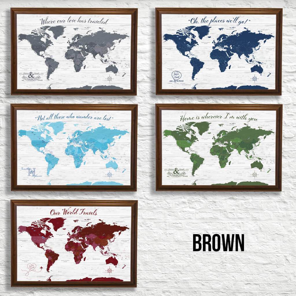Canvas Anniversary World Map Color Options in Standard Brown Frame