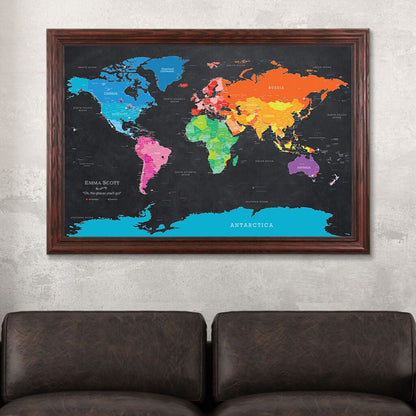 Framed Canvas Bright Night Push Pin Map Solid Wood Cherry Frame