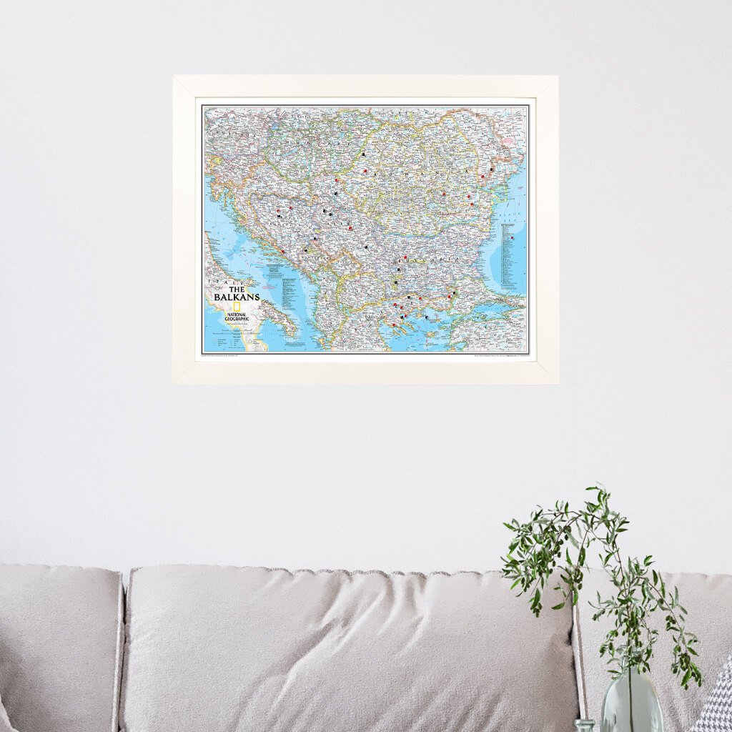 Classic Balkans Push Pin Travel Map with Textured White Frame