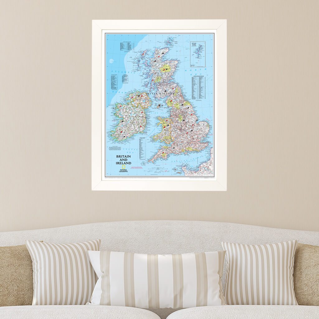 Classic Britain and Ireland Push Pin Map in Textured White Frame