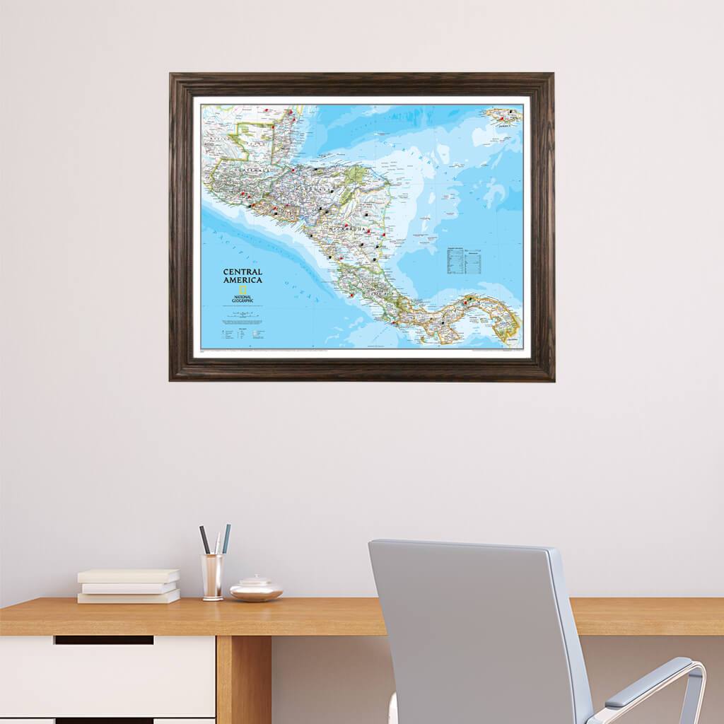 Classic Central America Push Pin Wall Map with Pins in Solid Wood Brown Frame