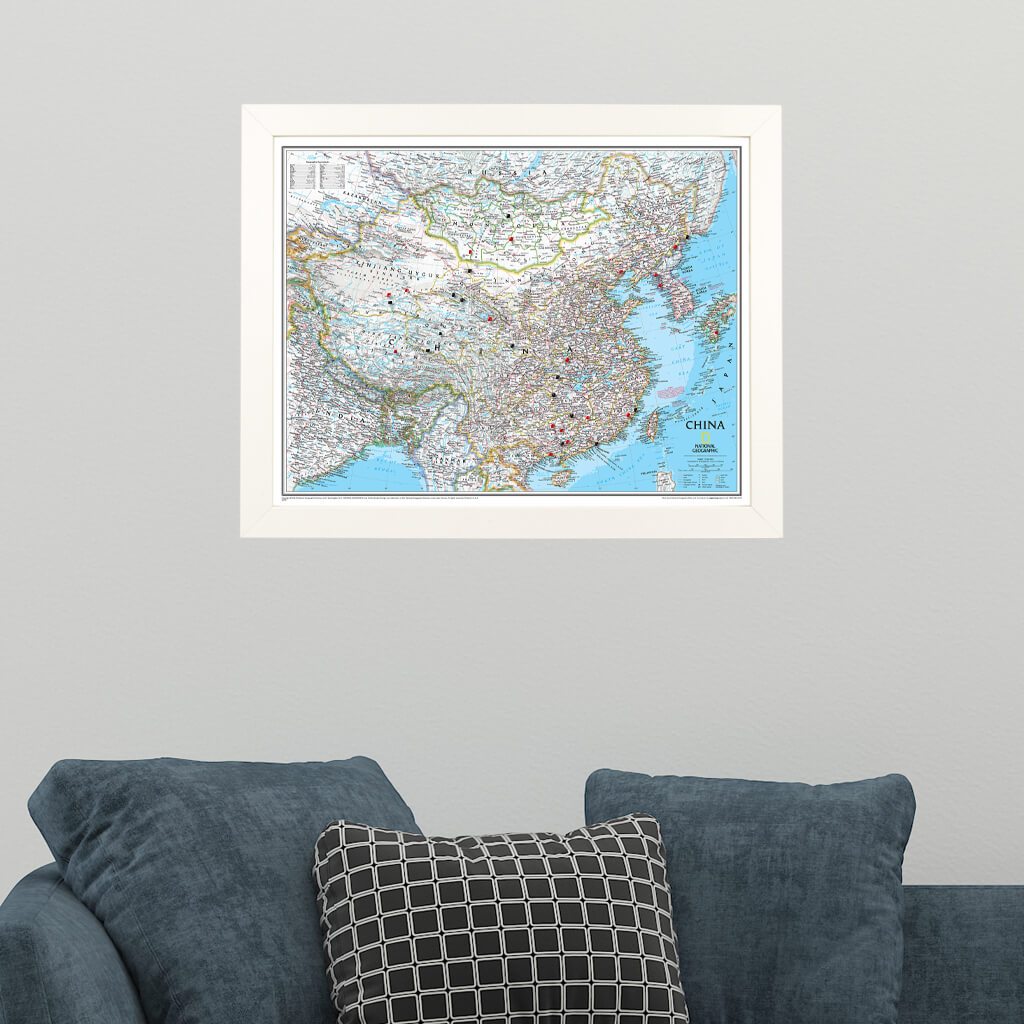 Classic China Push Pin Travel Map in Textured White Frame