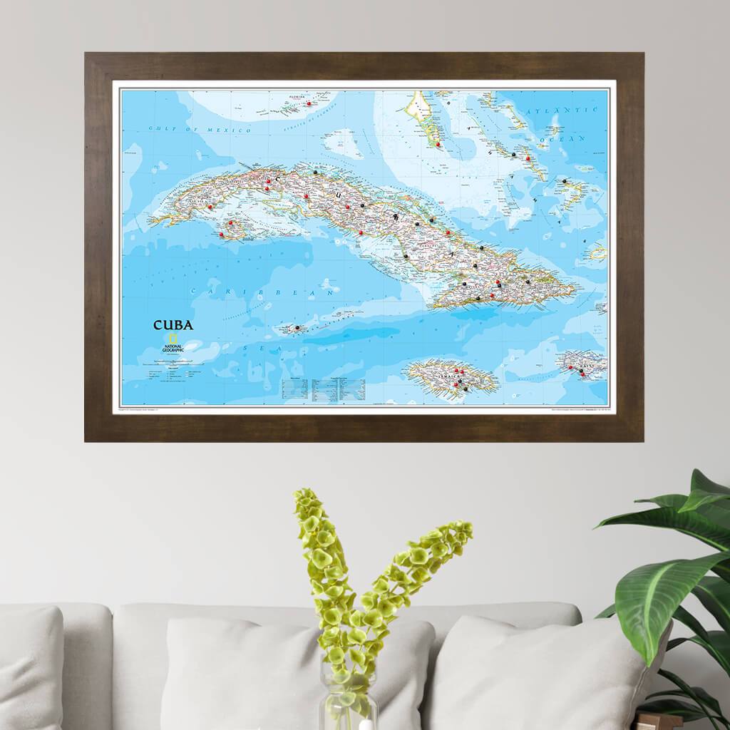 Classic Cuba Push Pin Travel Map in Rustic Brown Frame