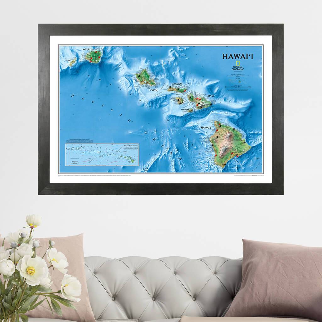 Hawaii Push Pin Travel Map in Rustic Black Frame