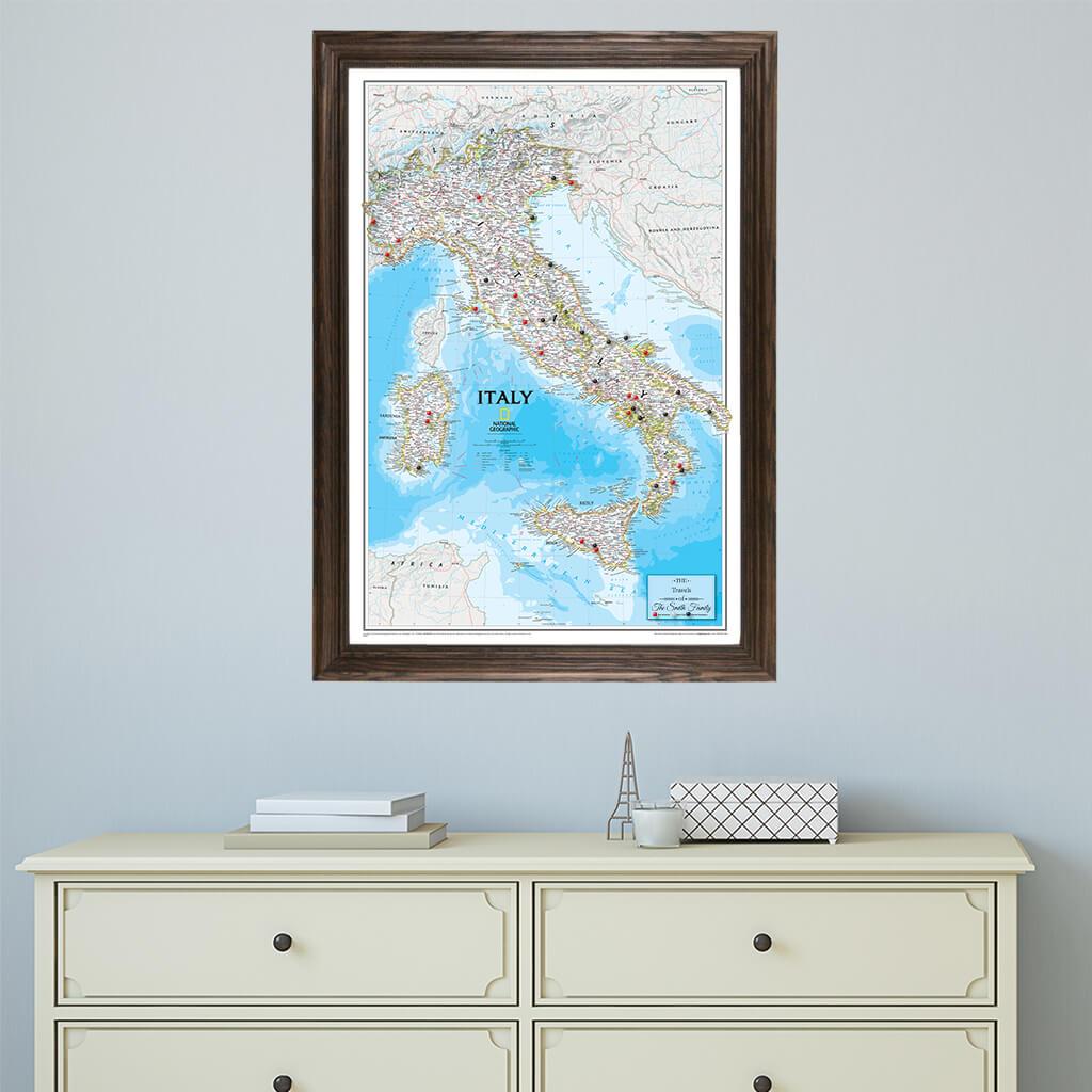 Canvas Italy Travel Map in Solid Wood Brown Frame