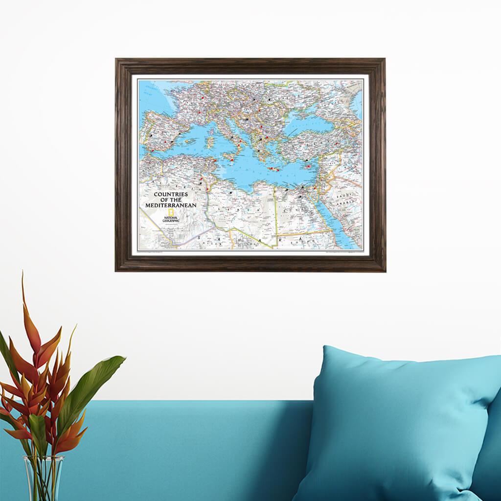 Classic Countries of the Mediterranean Travel Map in Solid Wood Brown Frame