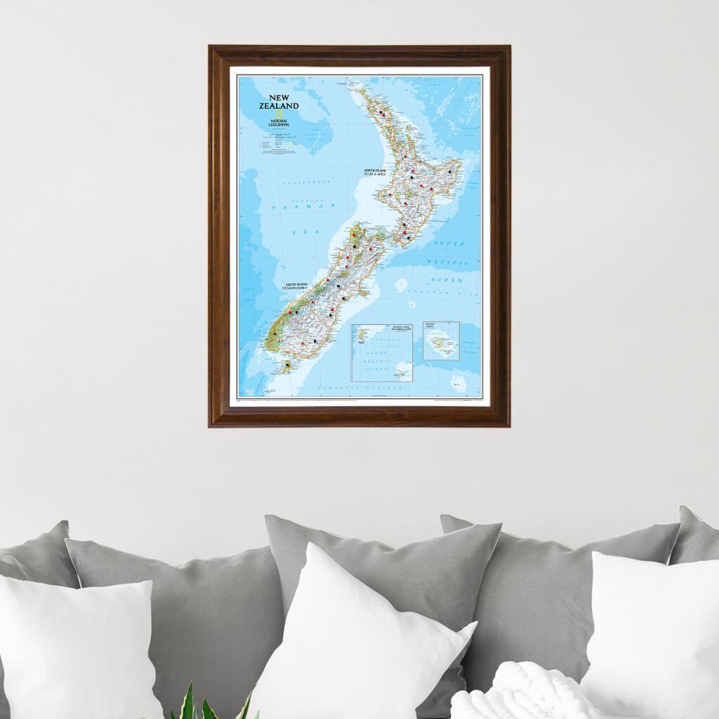 New Zealand Push Pin Travel Map in Brown Frame