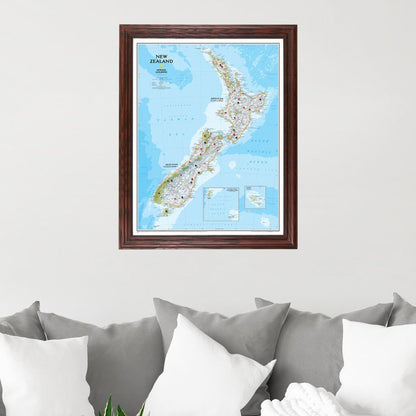 New Zealand Push Pin Travel Map in Solid Wood Cherry Frame