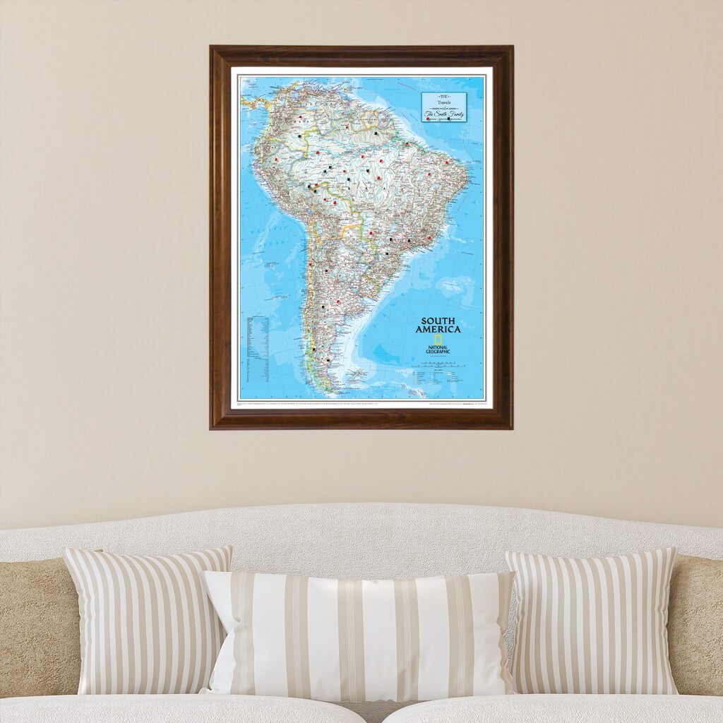 Canvas Classic South America Push Pin Map in Brown Frame