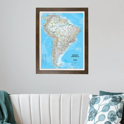 Classic South America Push Pin Travel Map in Rustic Brown Frame