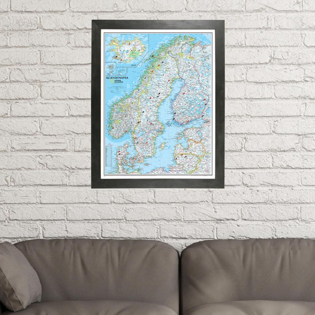Classic Scandinavia Push Pin Travel Map in Rustic Black Frame