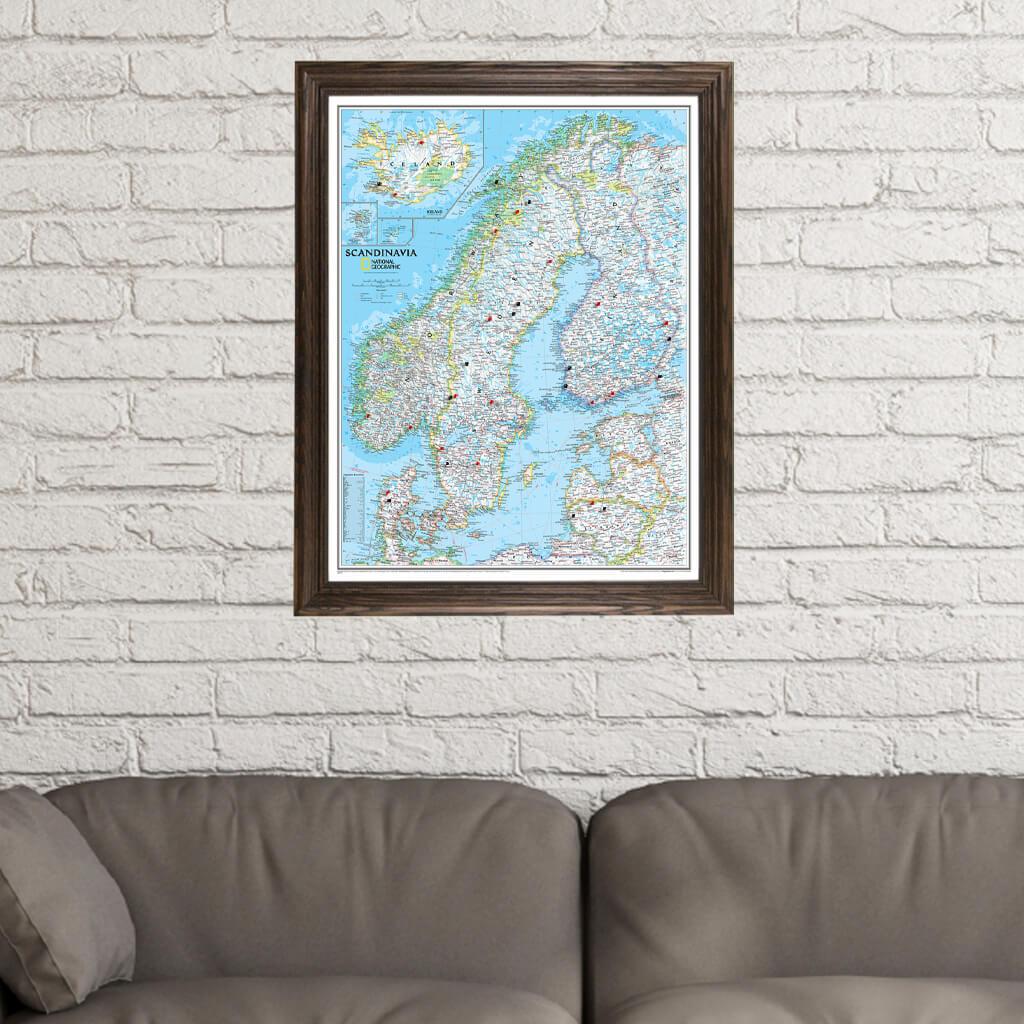 Classic Scandinavia Push Pin Travel Map in Solid Wood Brown Frame