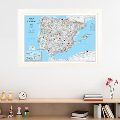 Classic Spain and Portugal Push Pin Travel Map in Textured White Frame