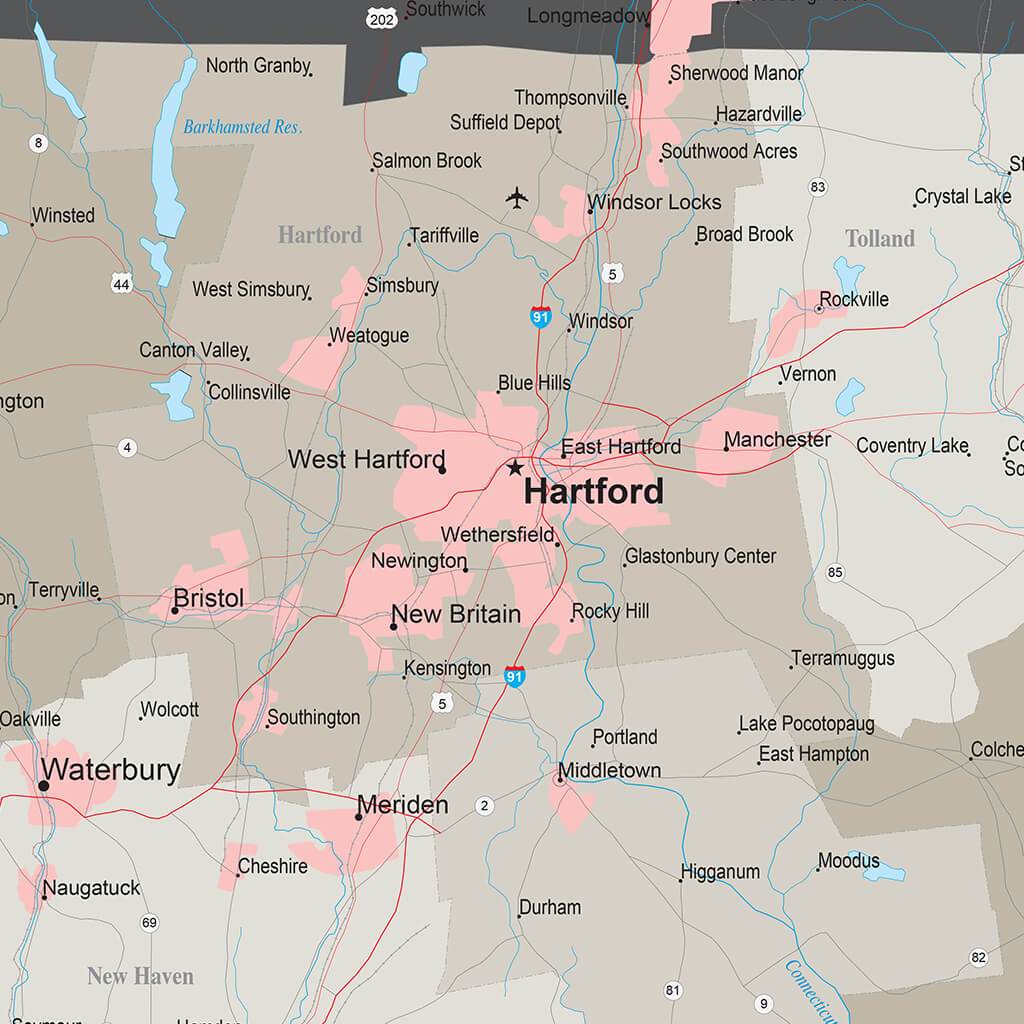 Earth Toned Connecticut State Travel Map closeup