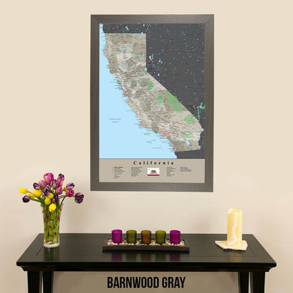 Framed California Earth Toned Travel Map with Push Pins in Barnwood Gray Frame